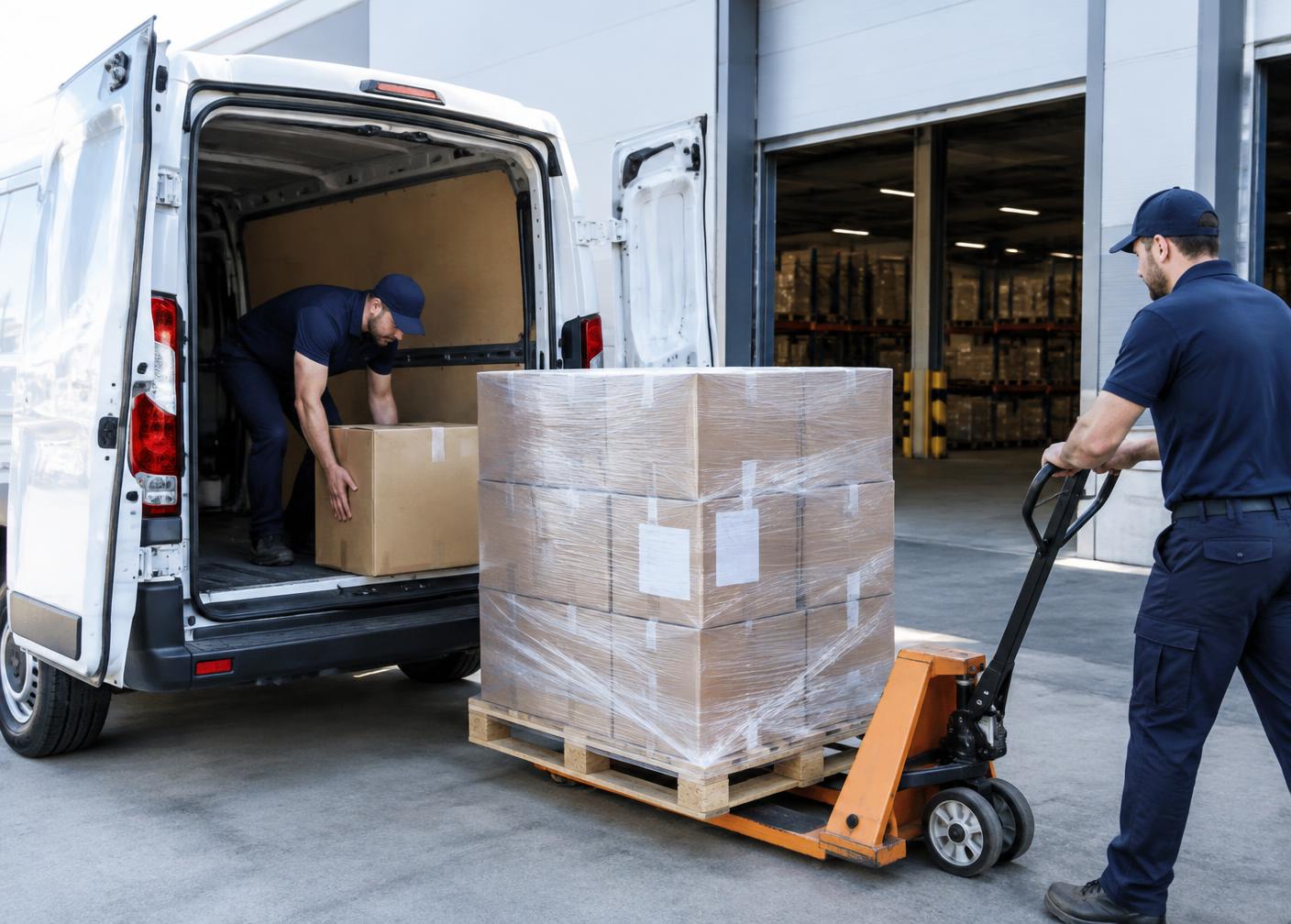 Pallet and parcel loading into an unbranded white van